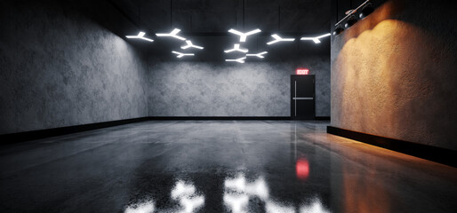 Car Garage Showroom Modern Sci Fi Elegant Led Lights Abstract Shapes And Warm Spot Lights On Cement Rough Concrete Wall With Reflective Floor Exit Sign Background 3D Rendering