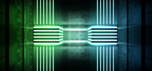 Fototapeta premium Neon Glowing Laser Sci Fi Futuristic Alien garage Room Tunnel Corridor Stage Blur Green Lights Pillars Reflective Floor Cyber Virtual 3D Rendering