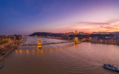 Aerial drone shot of Buda castle on Buda Hill during Budapest sunset