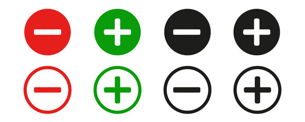 Plus and minus sign . Vector icon on white background.Red and green sign .   Set ,plus and minus sign. 10 eps