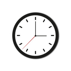 Clock vector icon on white background. Watch, time illustration. Black clock with shadow.