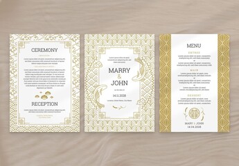 Asian Wedding Invitation Layout with Gold Illustrations