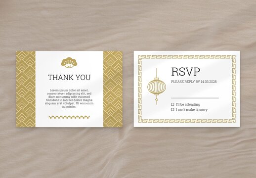 Asian Wedding RSVP Card with Gold Patterns
