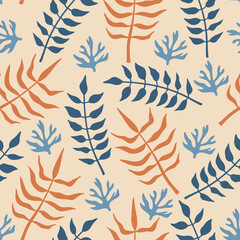 Abstract hand drawn tropical flowers and plants seamless pattern in doodle style. Vector isolated illustrations, elements on a light background. 