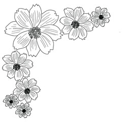 Outline vector flower illustration, corner border frame with floral elements, coloring page for design and creativity