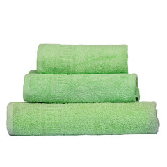 3 frotte towels green color, bedroom towel white backgroung. Colorful green bath towels isolated on white. Stack green towels. Pile colored towels isolate. Three cotton towels of same color stacked