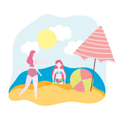 summer people activities, woman and girl with umbrella and ball, seashore relaxing and performing leisure outdoor