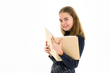 Girl schoolgirl with book.Isolated on white background.