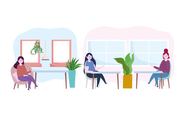 restaurant social distancing, table distance to protect people from coronavirus during food, covid 19 pandemic