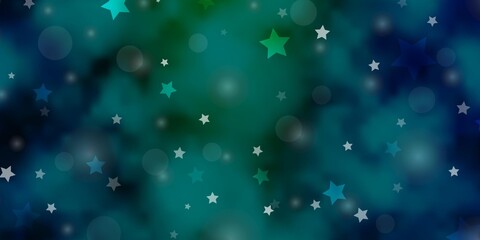 Light Blue, Green vector background with circles, stars. Glitter abstract illustration with colorful drops, stars. Design for textile, fabric, wallpapers.