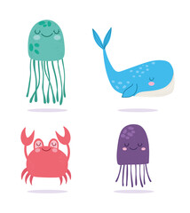 under the sea, crab jellyfishes whale wide marine life cartoon