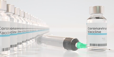 Vials with coronavirus vaccine and syringe. 3D rendering