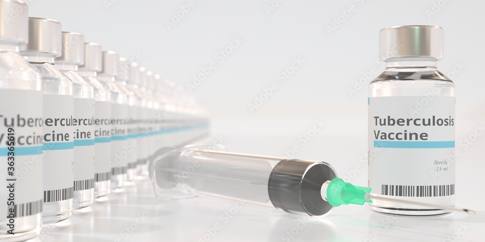 Poster many vials with tuberculosis vaccine and a syringe. 3d rendering