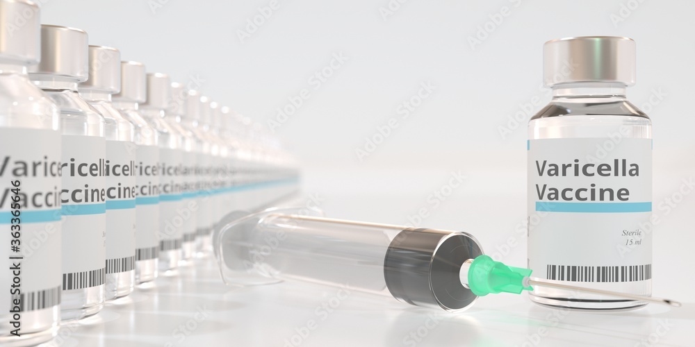 Poster many vials with varicella vaccine and a syringe. 3d rendering