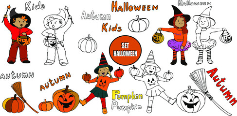 set isolated on white background hand drawn outline painted, colored Halloween kids joy pumpkin costumes witches broom boy girls logo sticker emblem sign