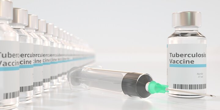 Many Vials With Tuberculosis Vaccine And A Syringe. 3D Rendering