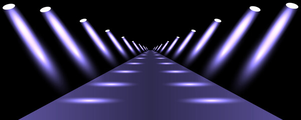 Podium, road, pedestal or platform illuminated by spotlights on black background. Stage with scenic lights. Vector illustration