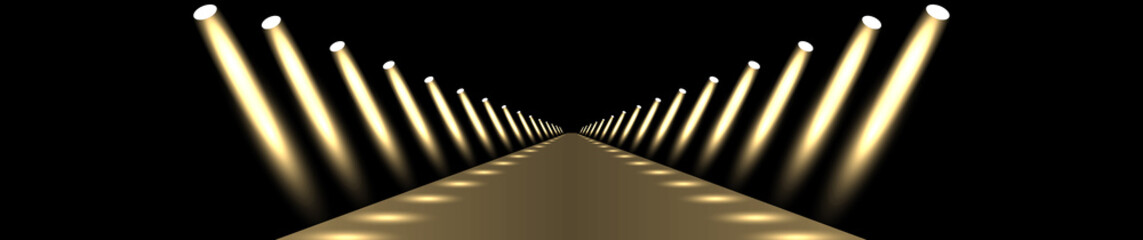 Podium, road, pedestal or platform illuminated by spotlights on black background. Stage with scenic lights. Vector illustration