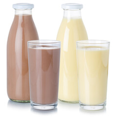 Milk drink chocolate milkshake shake in a bottle and glass isolated on white