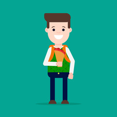 Flat vector illustration: student with flowers. Schoolboy back to school.