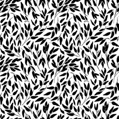 Leaves and branches vector seamless pattern. Black brush leaves and twigs. Olive branch modern ornament. Black ink texture with foliage. Hand drawn eucalyptus, laurel twig. Abstract plant motif