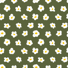 Brush flower vector seamless pattern. Camomile or daisy painted by brush. Hand drawn botanical ink illustration with floral motif. Hand drawn painting for your fabric, wrapping paper, wallpaper design