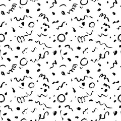 Wavy and swirled brush strokes vector seamless pattern in Memphis style. Black paint freehand scribbles, abstract ink background. Doodle, dots, circles, lines, squiggle pattern. Abstract wallpaper