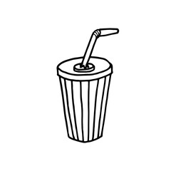 Hand drawn vector illustration of a soda cup with straw. Stripped paper cup icon.