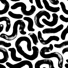 Organic and bio vector seamless pattern in Memphis style. Grunge swirled brush stroke, curly lines. Hand drawn ink illustration in eighties and nineties style. Hipster black paint geometric background