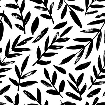 Leaves and branches vector seamless pattern. Black brush leaves and twigs. Olive branch modern ornament. Black ink texture with foliage. Hand drawn eucalyptus, laurel twig. Abstract plant motif