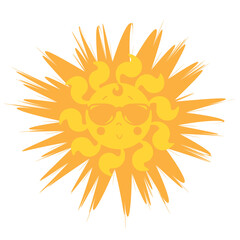 Cute Sun. Style the sun in sunglasses. Yellow-orange sun with a smile and glasses. Icon Vector illustration. Isolated on white background. 