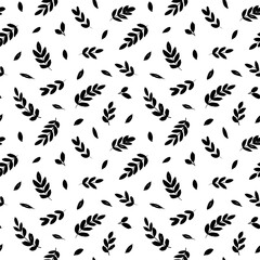 Leaves and branches vector seamless pattern. Black brush leaves and twigs. Olive branch modern ornament. Black ink texture with foliage. Hand drawn eucalyptus, laurel twig. Abstract plant motif
