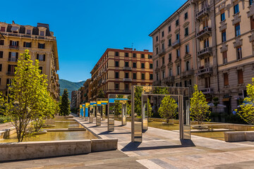 Fototapeta na wymiar A view across the Piazza Giuseppe Verdi in La Spezia, Italy in summer