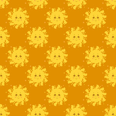 Seamless pattern. Cute yellow sun with face and smile on an orange background. Design, decor, packaging, printing, textiles, summer illustrations. Vector. 