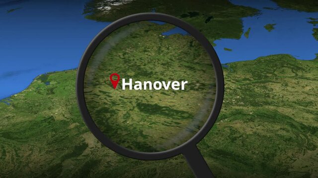Loupe finds Hanover city on the map, 3d rendering
