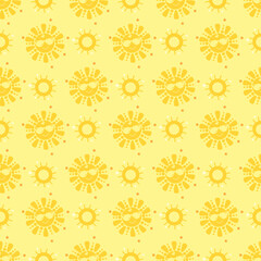 Seamless pattern. A cute yellow sun in sunglasses is smiling. Yellow background. Vector. Design, decor, packaging, printing, wallpaper, textiles, summer illustrations. 