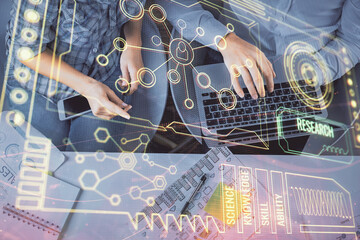Double exposure of man and woman working together and data theme hologram drawing. Computer background. Top View.