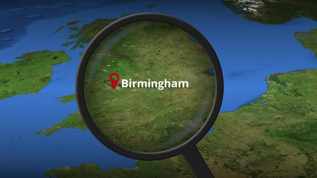 Loupe finds Birmingham city on the map, 3d rendering