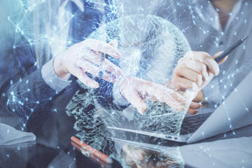 Double exposure of man and woman working together and brain drawing hologram. Intellectual brainstorming concept. Computer background.