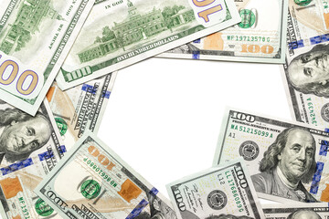 Hundred dollar bill. Falling money isolated on white background. American cash.