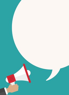 hand with white megaphone and big spech bubble on blue background.