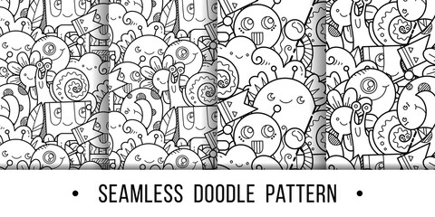 Set of kawaii seamless patterns doodle monsters,cute and fun variety of colors animals