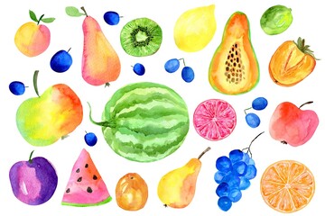 Colorful juicy fruit hand painting illustration. Watercolor pear, apple, peach, watermelon, grapes, plum, lemon set isolated on white background.