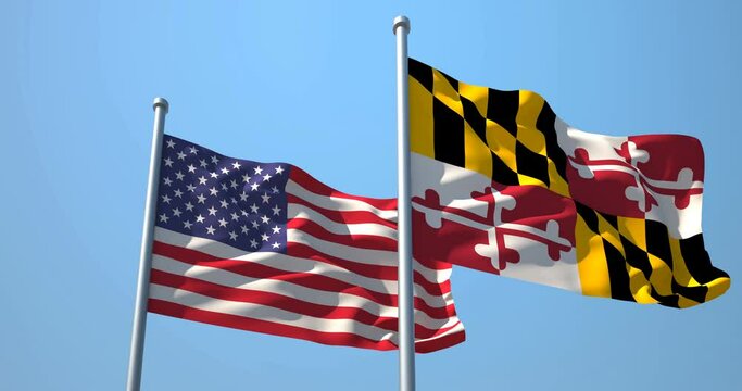 Maryland flag and the USA on a flagpole realistic wave on wind not synchronously, solid background. The State of Maryland in The United States of America. Annapolis. Baltimore.