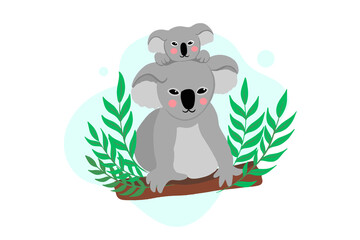 koala mom and her baby on eucalyptus. vector illustration