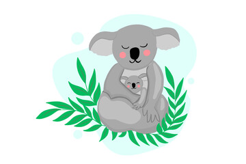 koala mom and her baby on eucalyptus. vector illustration