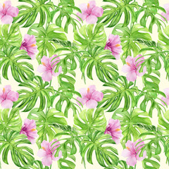 Watercolor illustration seamless pattern of tropical leaves and flower hibiscus. Perfect as background texture, wrapping paper, textile or wallpaper design. Hand drawn