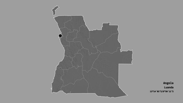 Bi&eacute;, province of Angola, with its capital, localized, outlined and zoomed with informative overlays on a bilevel map in the Stereographic projection. Animation 3D