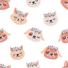 Cute seamless spring pattern with sleeping animals. Hand drawn background with animal for children.