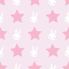 Girls seamless pattern design with white bunnies, cute rabbits, pink stars on pink background. Perfect for fabric, textile, kids fashion. Surface pattern design.